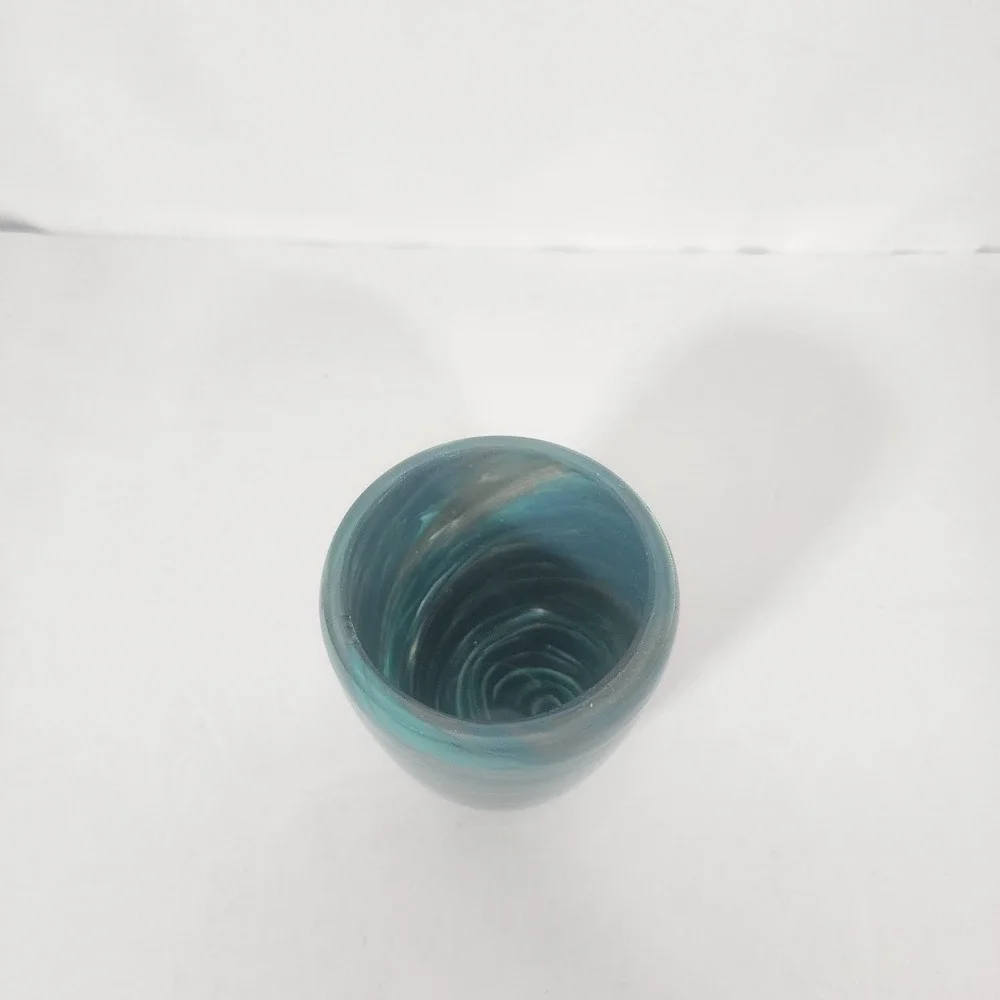 Hand Blown Art Glass Tumbler Blue Aqua Swirl Studio Glass Cup Votive Holder